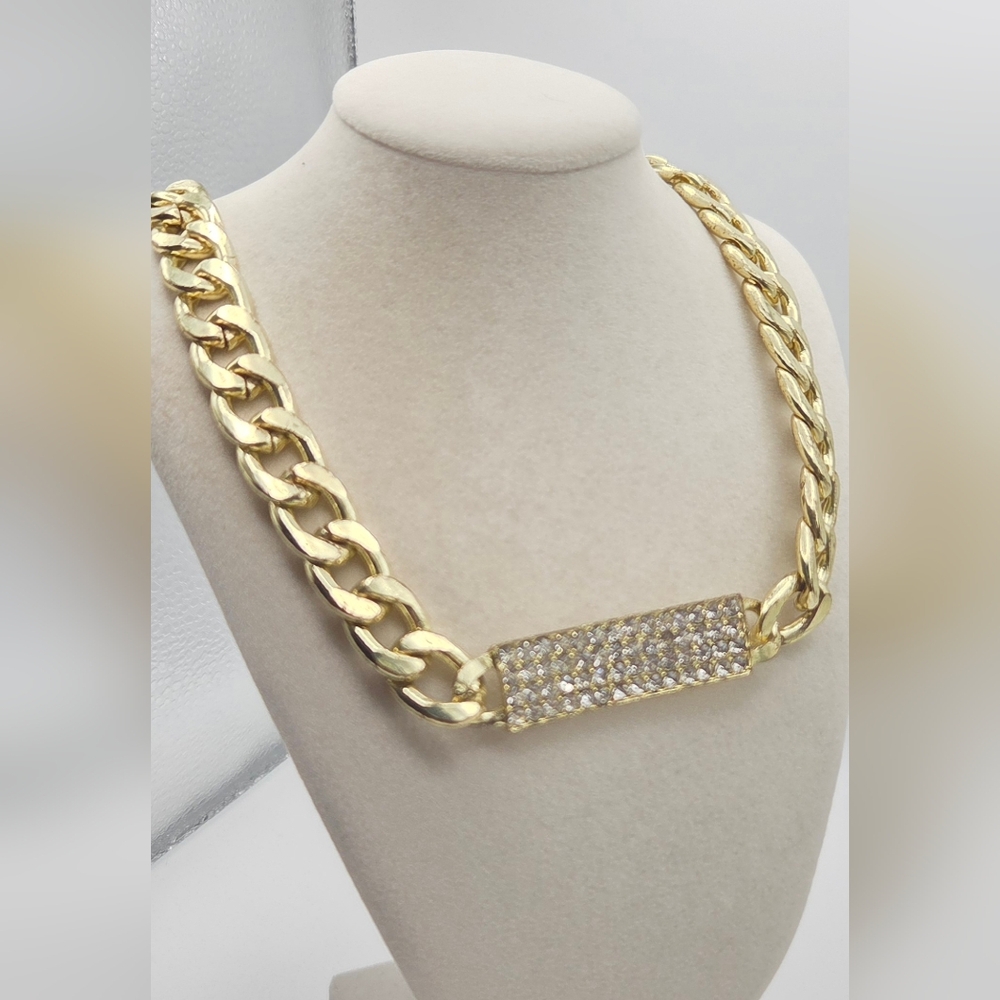 Cuban Curb Link Choker Or Collar Necklace With Pave Rinestones